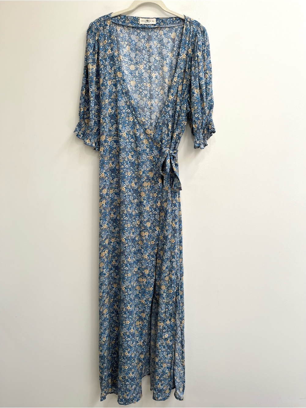 Natural Life Wrap Maxi Dress Blue Tan Floral Boho Cottagecore Rayon Size XL